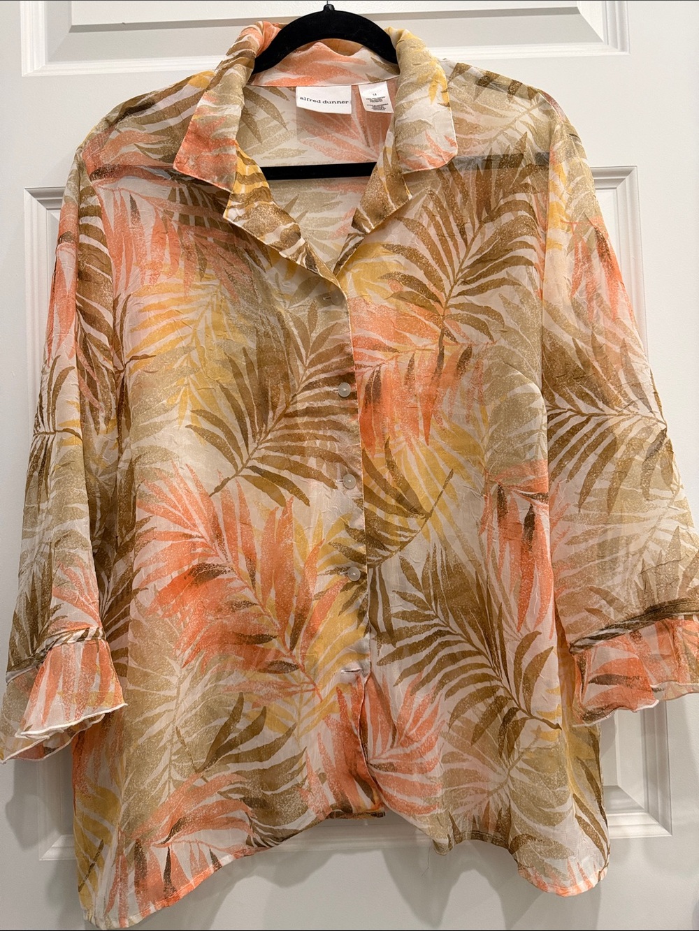 Alfred Dunner Sheer Tropical Button-Down Blouse in Peach, Yellow & Tan